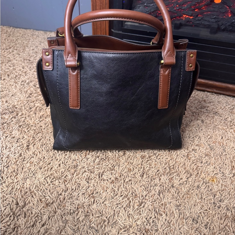 Fossil Black and Brown Leather Top-Handle Satchel